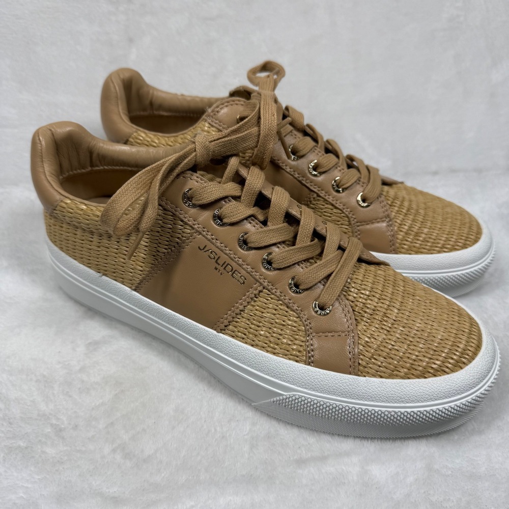 J/Slides NYC Libby Tan Woven Raffia Leather‎ Platform Sneakers Womens Shoes 8.5